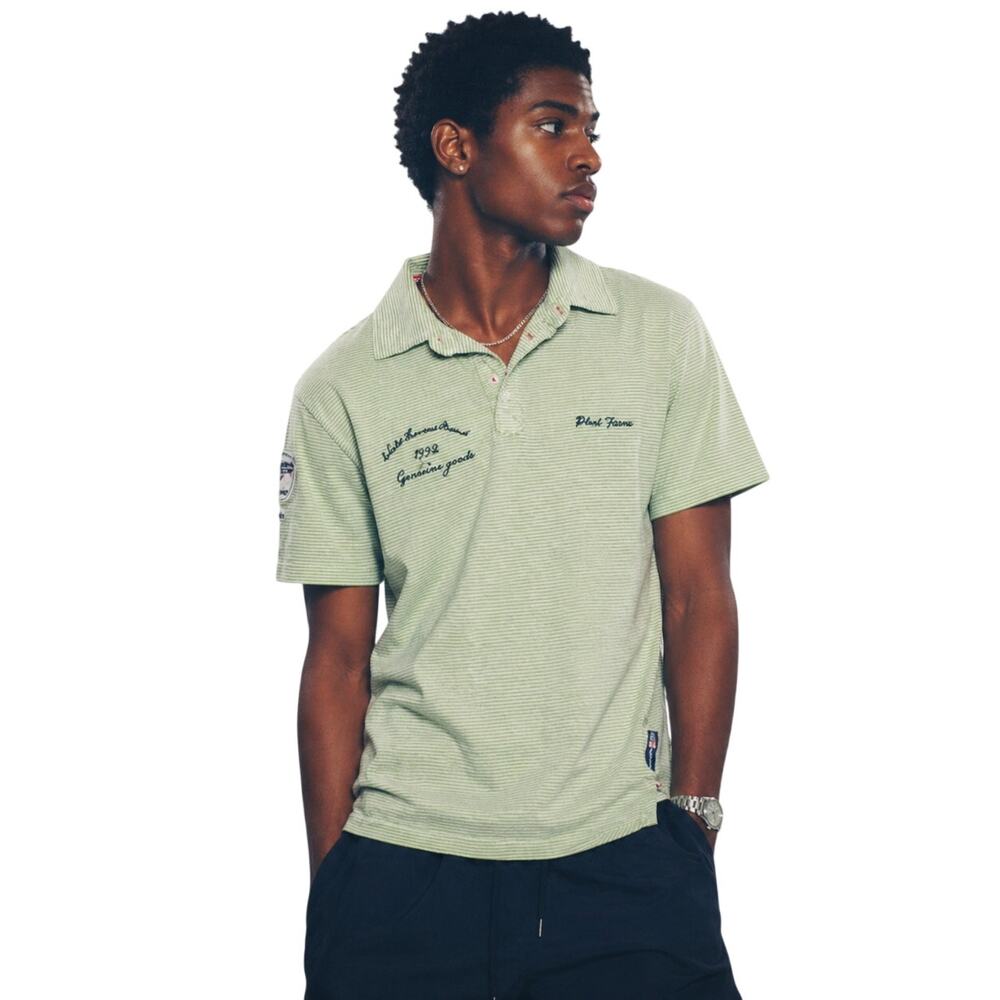 Vintage Phat Farm Polo Shirt Green Stripe Embroidered Patch Y2K Streetwear Md